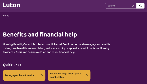 Screenshot of a webpage showing top tasks for Benefits and financial help for Luton Borough Council.