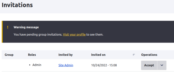Screenshot of Invitations page showing list of pending group invitiations for a microsite