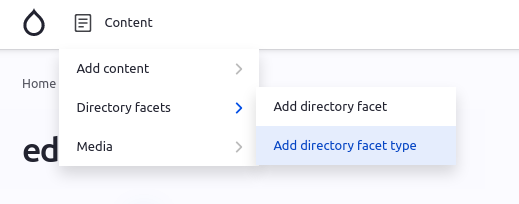 Backend of Drupal showing how to find directory facets from the menu