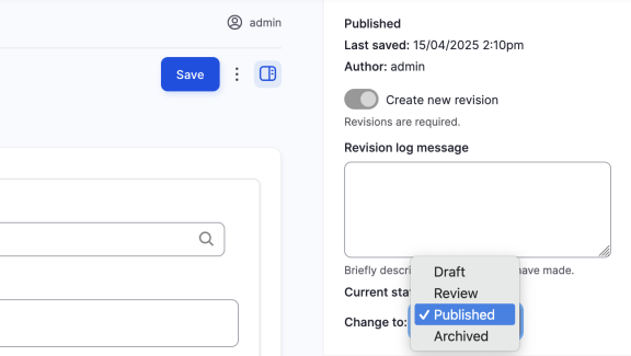 Screenshot of 'Current state' option in the backend of Drupal.