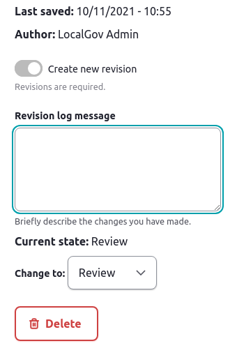 Screenshot of 'Revision log' in the backend of Drupal