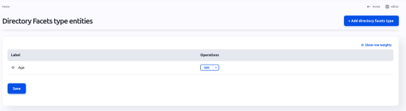 Screenshot of Drupal backend showing Directory Facet type entities