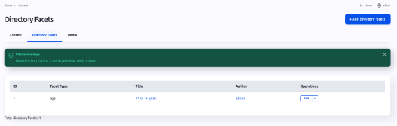 Screenshot of Drupal backend showing adding a Directory facet.