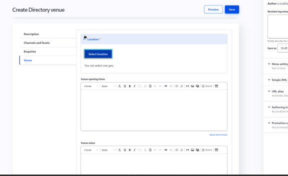 Screenshot of Drupal backend showing how to add an address to a directory organisation content type.