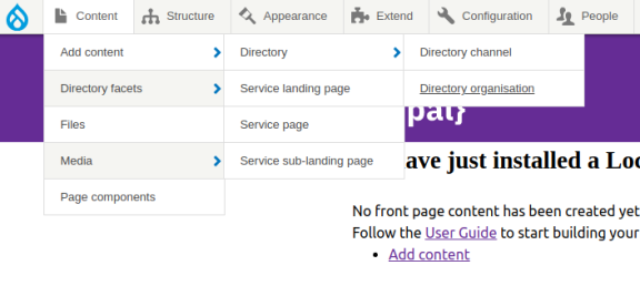 Screenshot of Drupal backend showing how to choose a Directory organisation content type to attach to your Directory Channel.