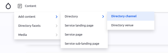 Screenshot of Drupal backend showing how to find Directory channel from the backend menu