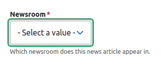 Screenshot of Drupal backend showing the option for adding a news article to a newsroom