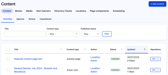 Screenshot of a list of content in Drupal backend