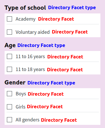 Screenshot of directory facet list on a Drupal website