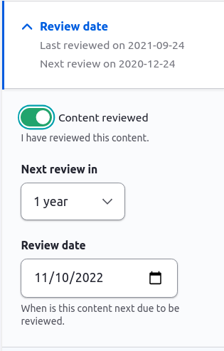 Screenshot of how to add a review date to a piece of content in Drupal.