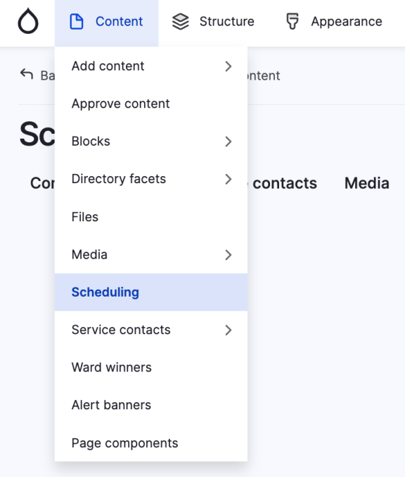 Screenshot of how to manage all scheduled content in Drupal.
