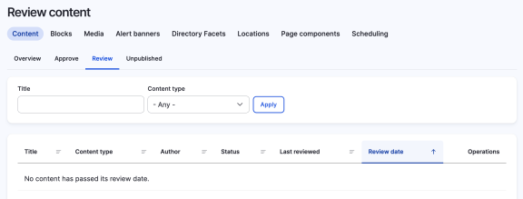 Screenshot of how to view all content that is in Review state in Drupal.