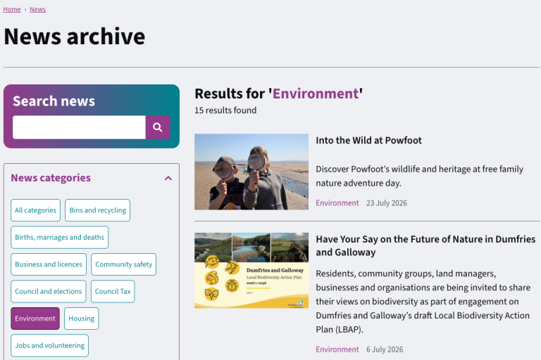 Screenshot of Dumfries and Galloway Council news article channel.