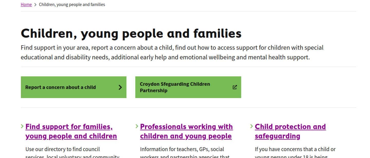 Screenshot of a service landing page showing services relating to 'Children, young people and families' for Croydon Council.