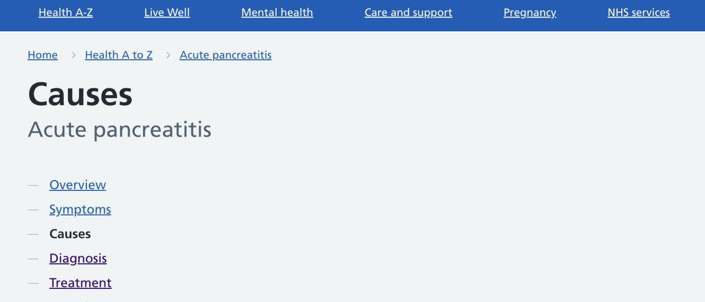 Screenshot of the NHS website showing how a guide is shown with a heading, sub-heading and a list of links underneath.