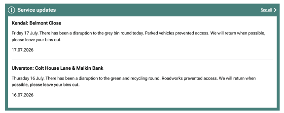Screenshot of a service status at the bottom of service landing page (Westmorland and Furness)