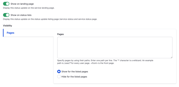 Screenshot of the backend of a CMS showing the editor screen where you can determine where the service status page will appear.
