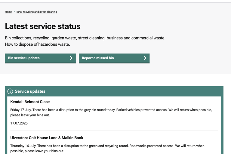 Screenshot of a webpage called "Latest Service status" on a council website showing bin collection updates.